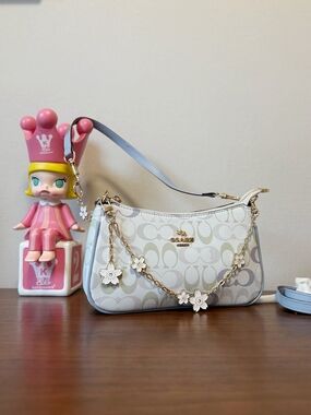 Coach Pastel Multi Signature Baguette Shoulder Bag with Flower Chain